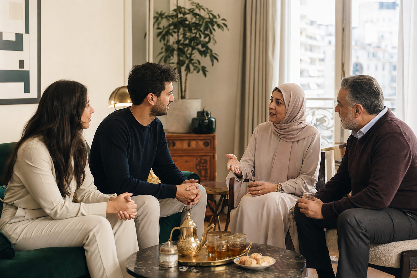 De jeunes professionnels marocains se rencontrent en famille dans un intérieur casablancais