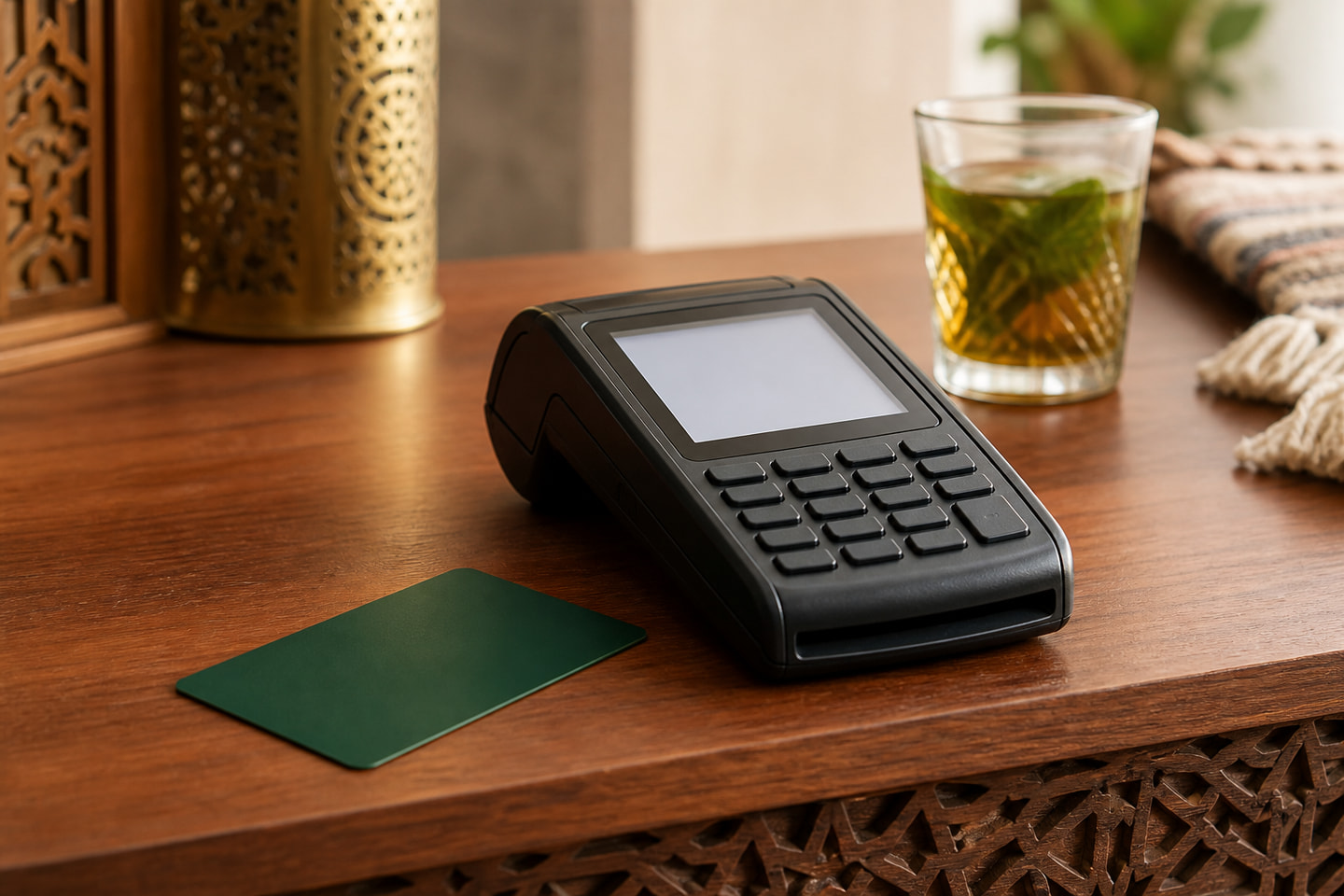 Un terminal de paiement générique dans un cadre marocain raffiné et sécurisé
