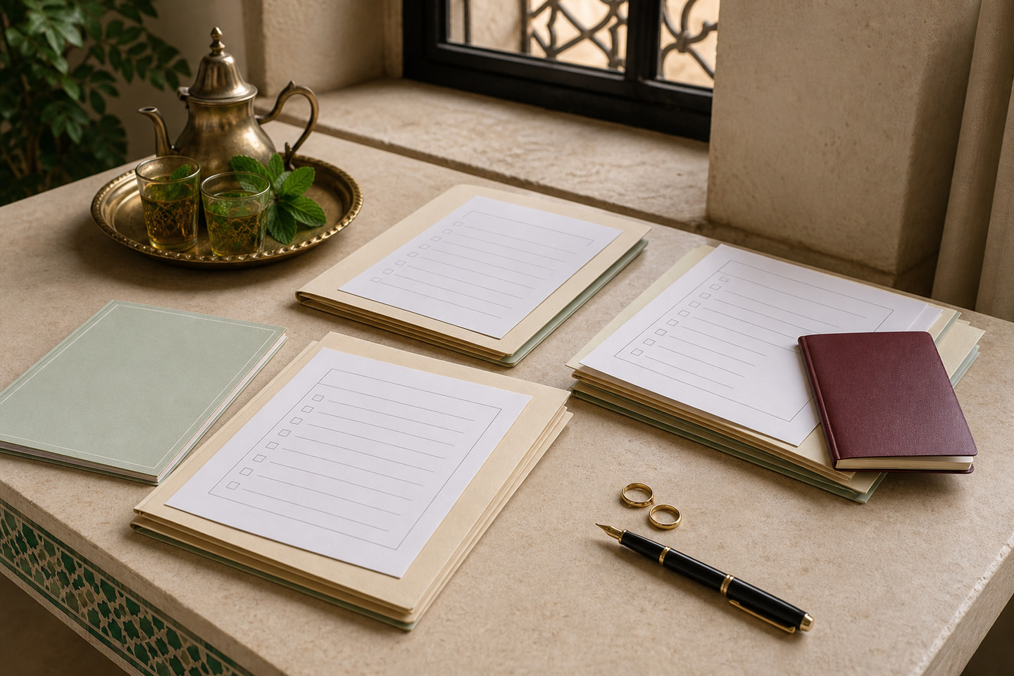 Des dossiers et formulaires fictifs entièrement anonymisés composent une checklist de mariage au Maroc
