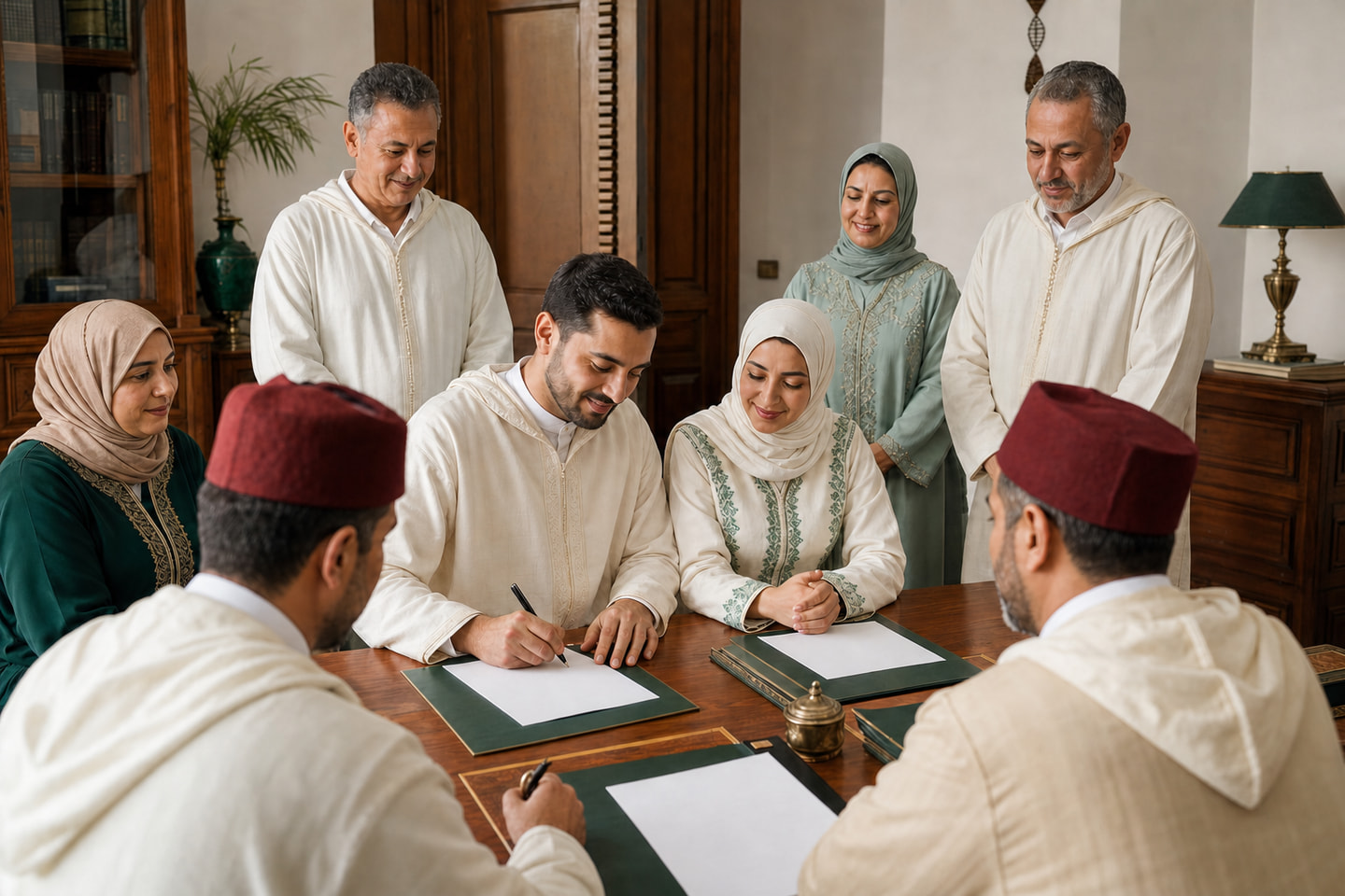 Un couple marocain fictif finalise un acte de mariage anonymisé devant deux adouls et ses familles