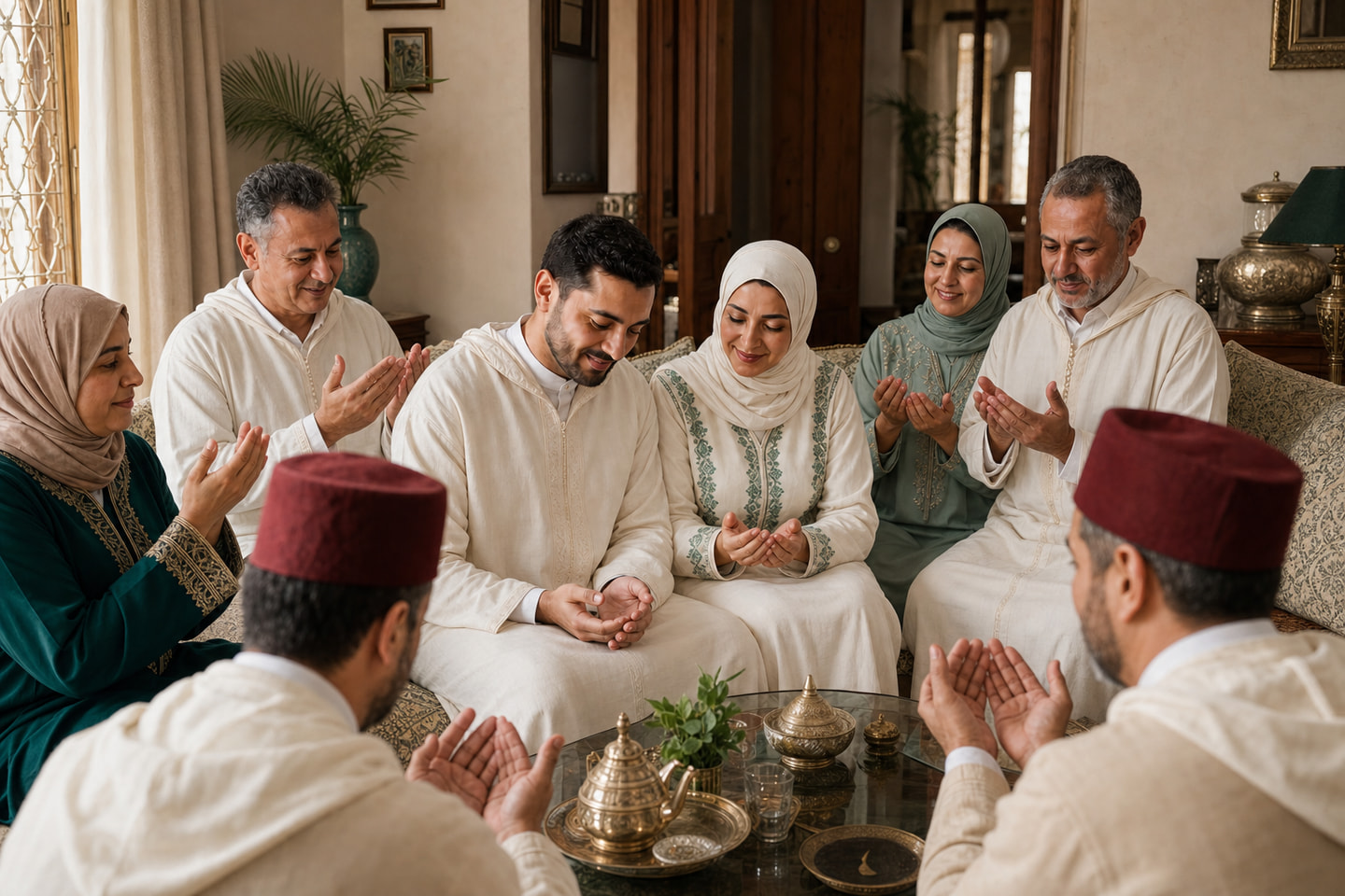 Un couple marocain marié reçoit la duaa et les bénédictions de ses familles après l’acte adoulaire
