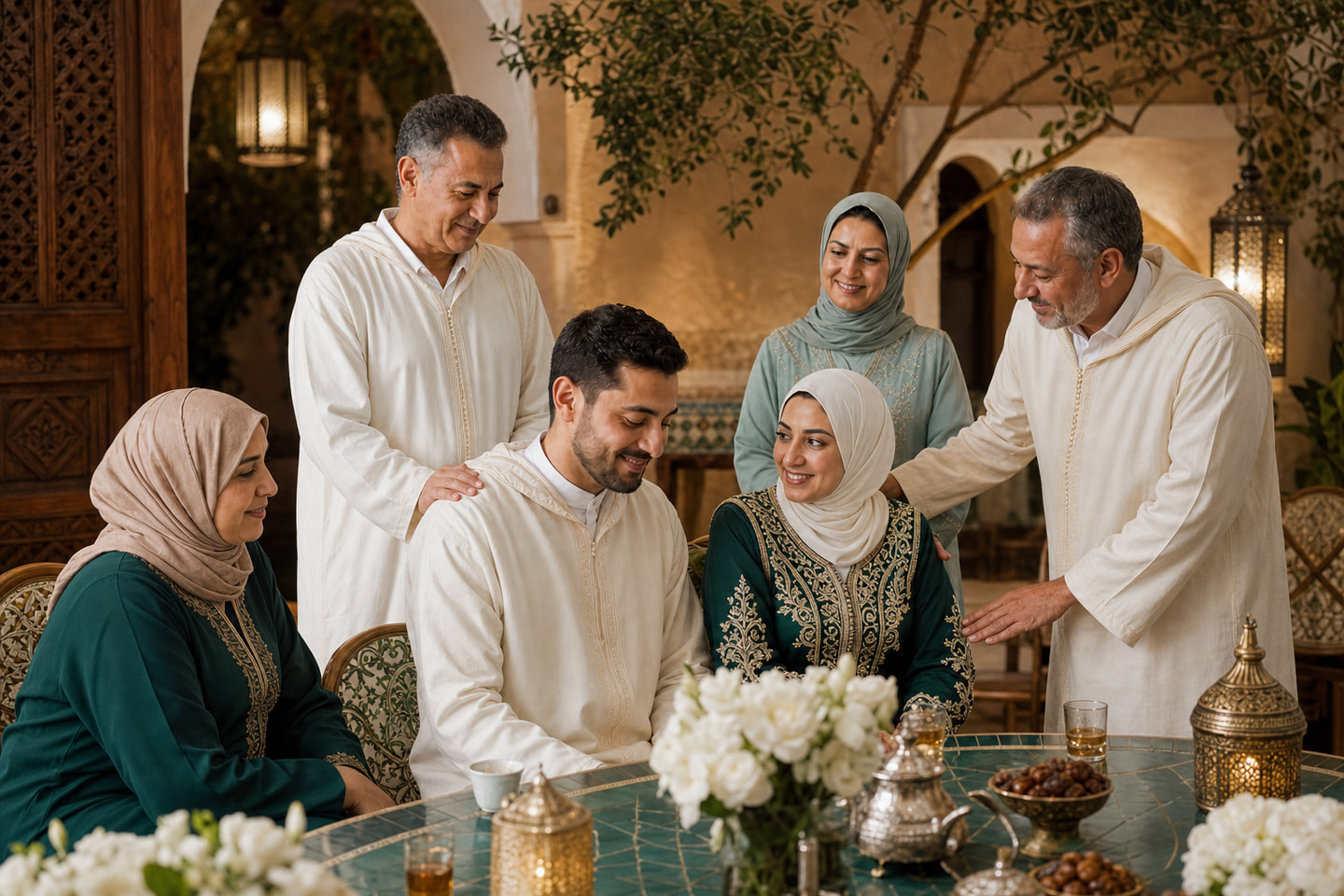 Un couple marocain fictif célèbre avec sobriété son mariage traditionnel entouré de ses familles