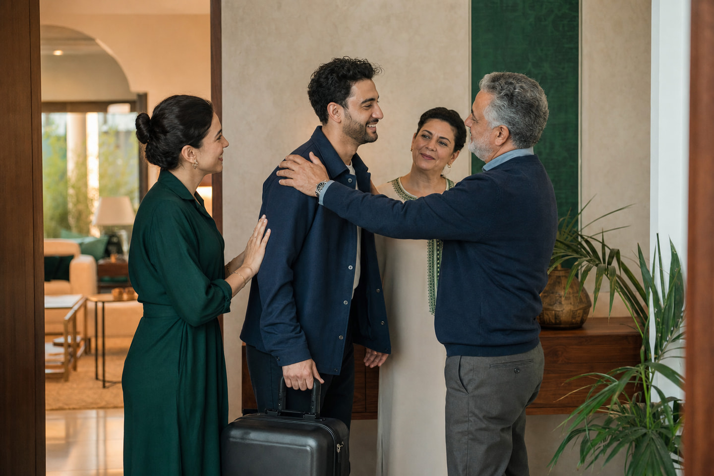 Une famille marocaine retrouve un proche vivant en Europe dans une atmosphère chaleureuse