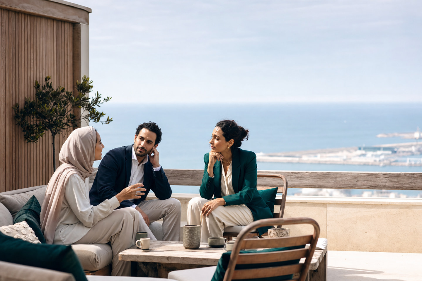Des professionnels marocains discutent sur une terrasse contemporaine à Tanger